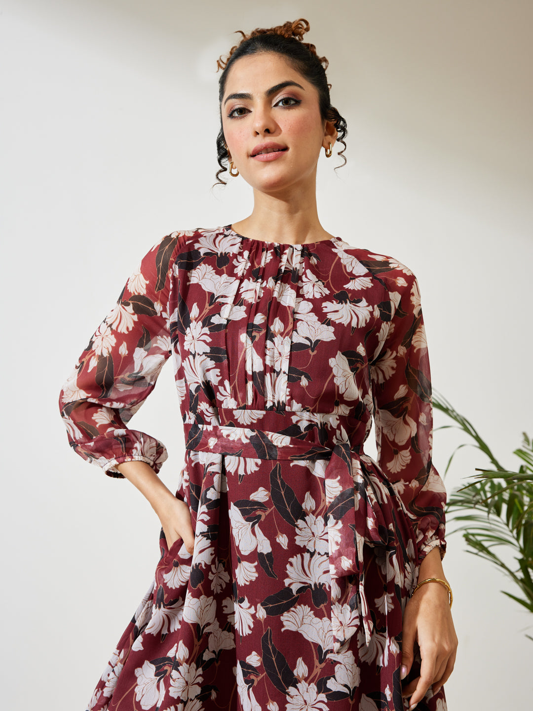 Janasya Women's Brown Chiffon Floral Printed A-line Gathered Dress