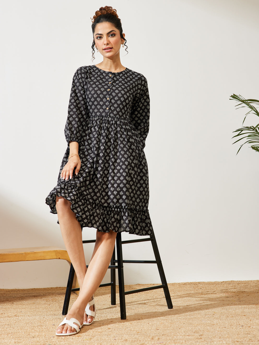 Janasya Women's Black Pure Cotton Floral Printed A-line Dress