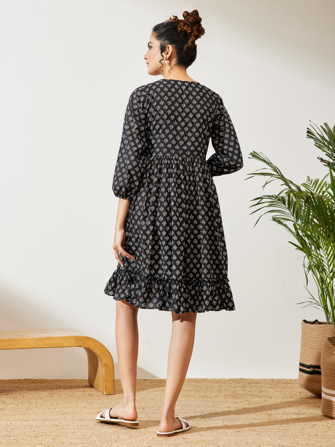 Janasya Women's Black Pure Cotton Floral Printed A-line Dress