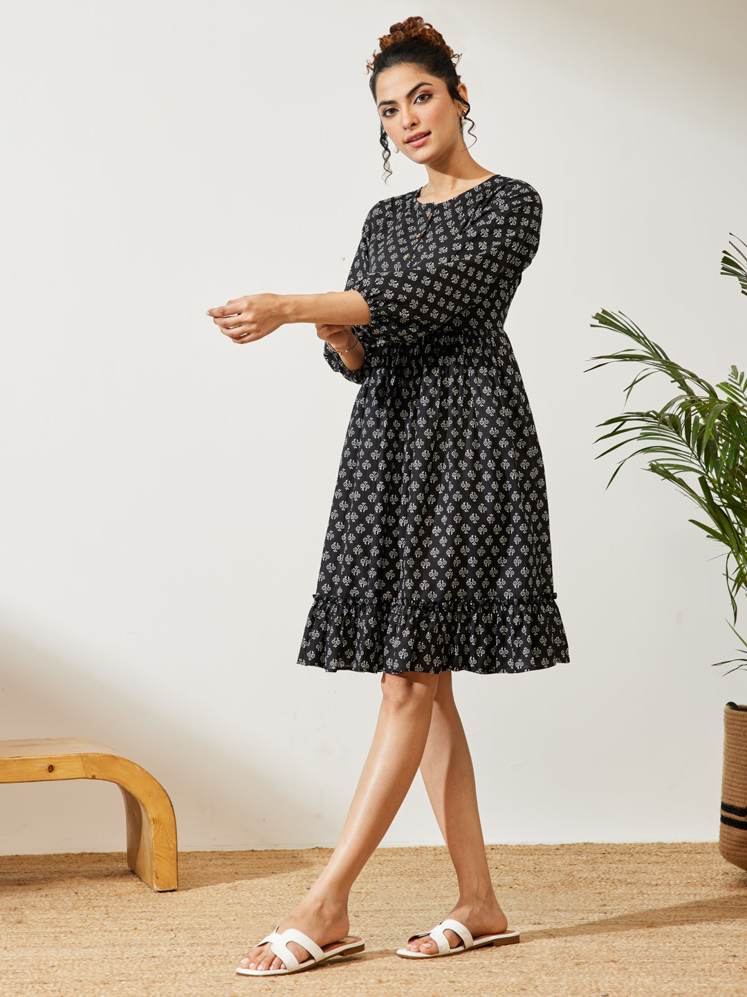 Janasya Women's Black Pure Cotton Floral Printed A-line Dress