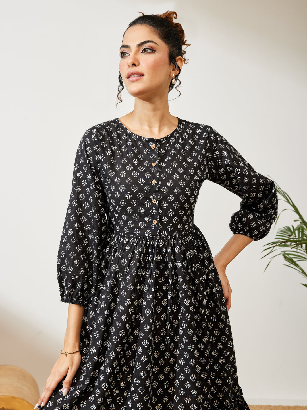 Janasya Women's Black Pure Cotton Floral Printed A-line Dress