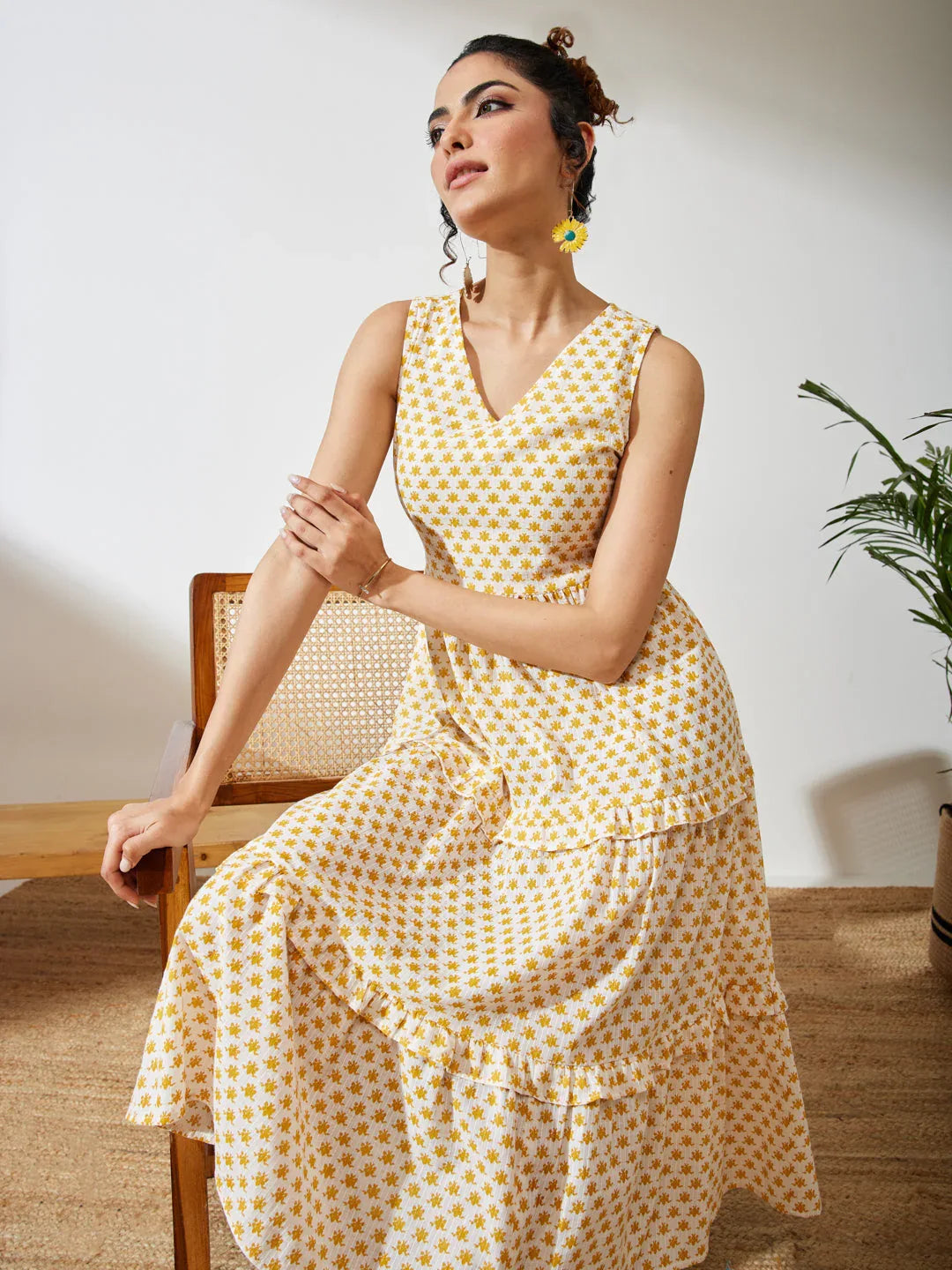 Janasya Women's Yellow Pure Cotton Floral Printed Tiered Dress