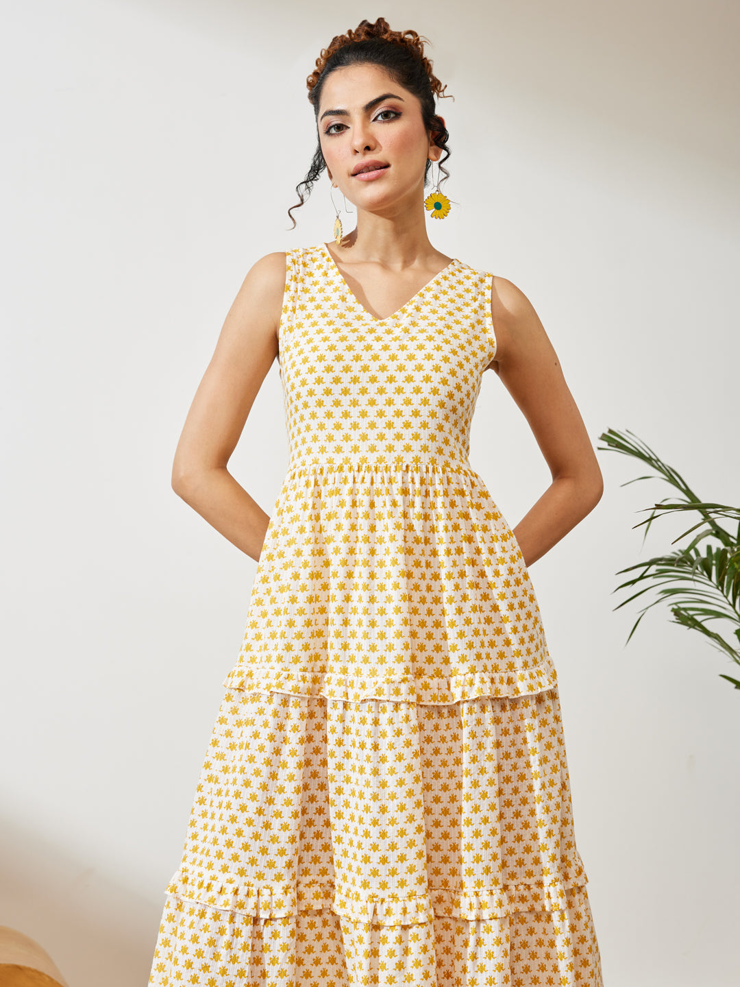 Janasya Women's Yellow Pure Cotton Floral Printed Tiered Dress
