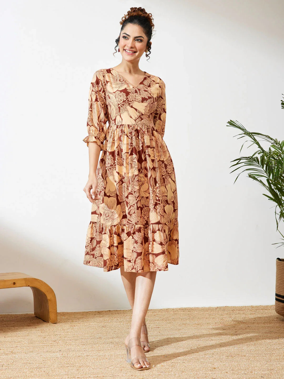 Janasya Women's Maroon Pure Cotton Floral Printed Flared Dress