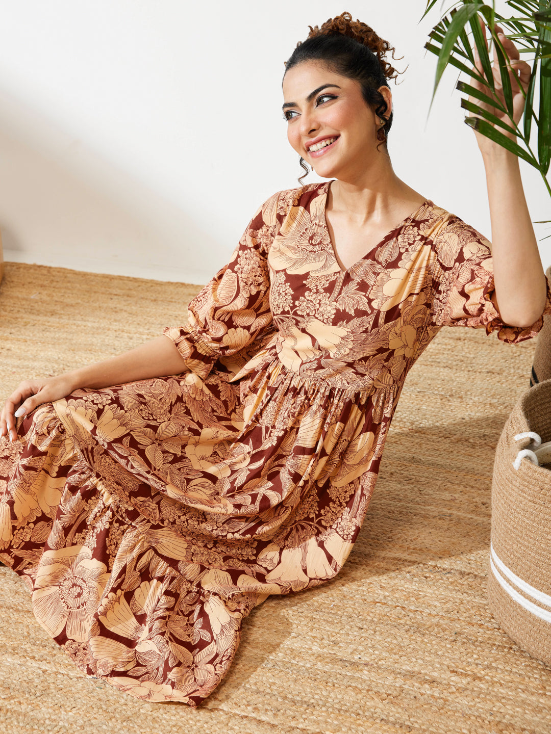 Janasya Women's Maroon Pure Cotton Floral Printed Flared Dress