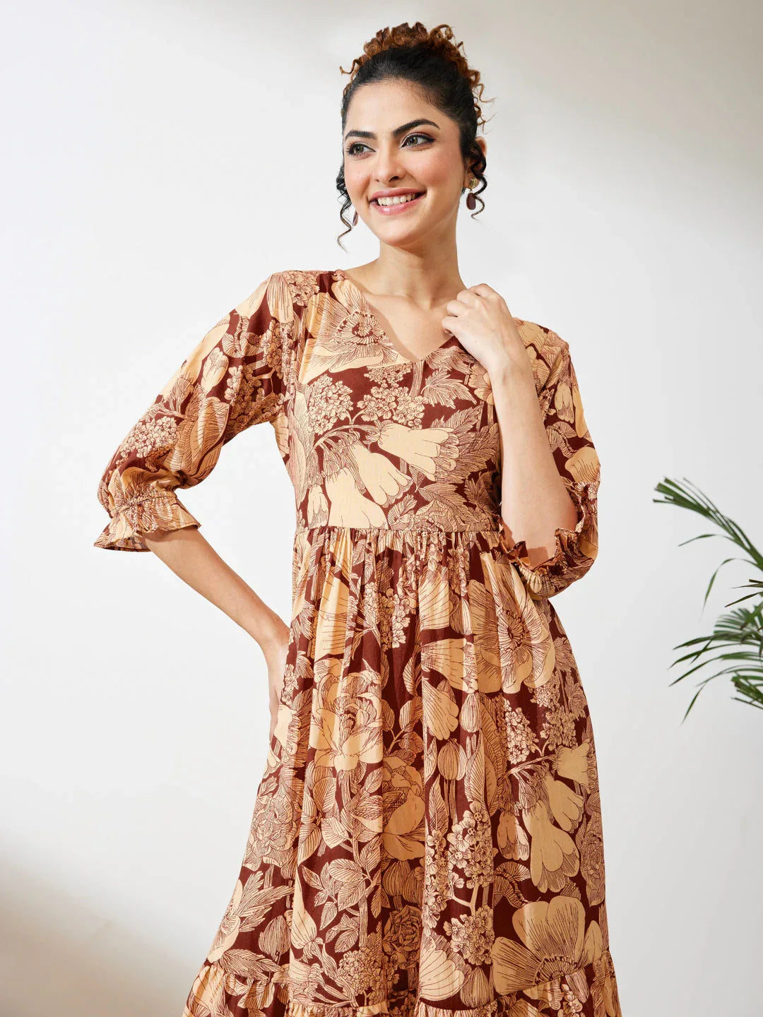 Janasya Women's Maroon Pure Cotton Floral Printed Flared Dress