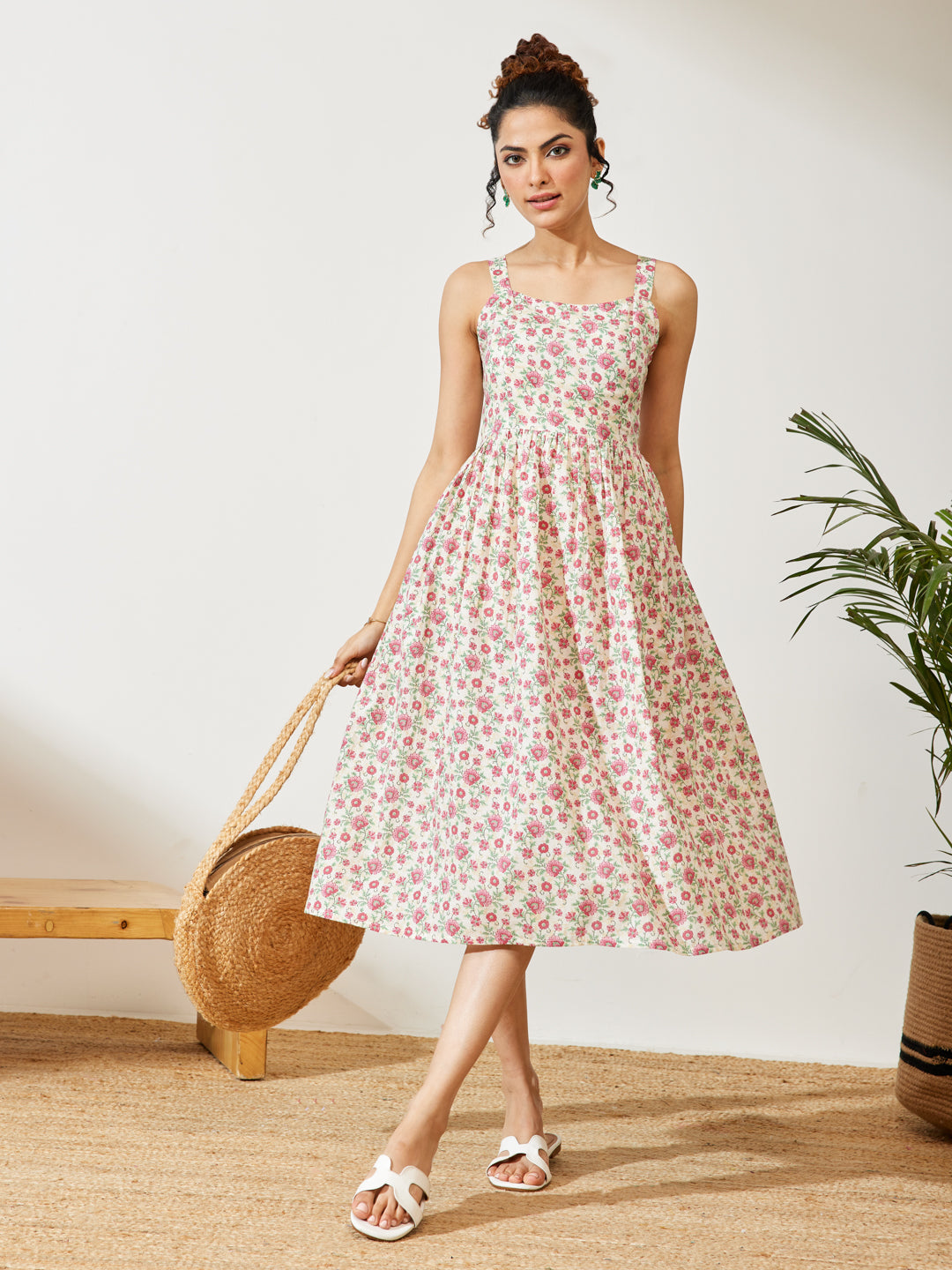 Janasya Women's Off White Pure Cotton Floral Printed A-line Dress