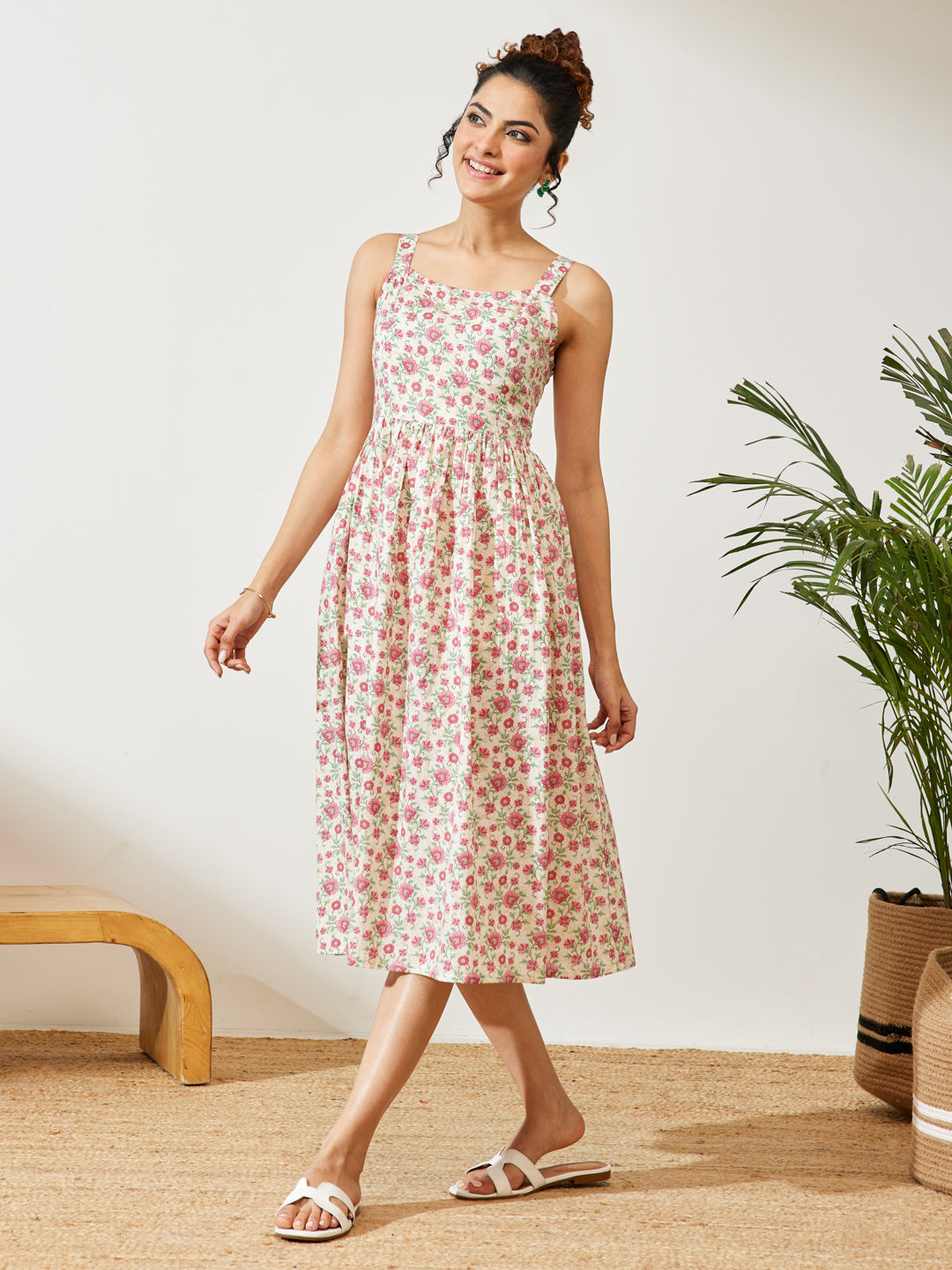 Janasya Women's Off White Pure Cotton Floral Printed A-line Dress