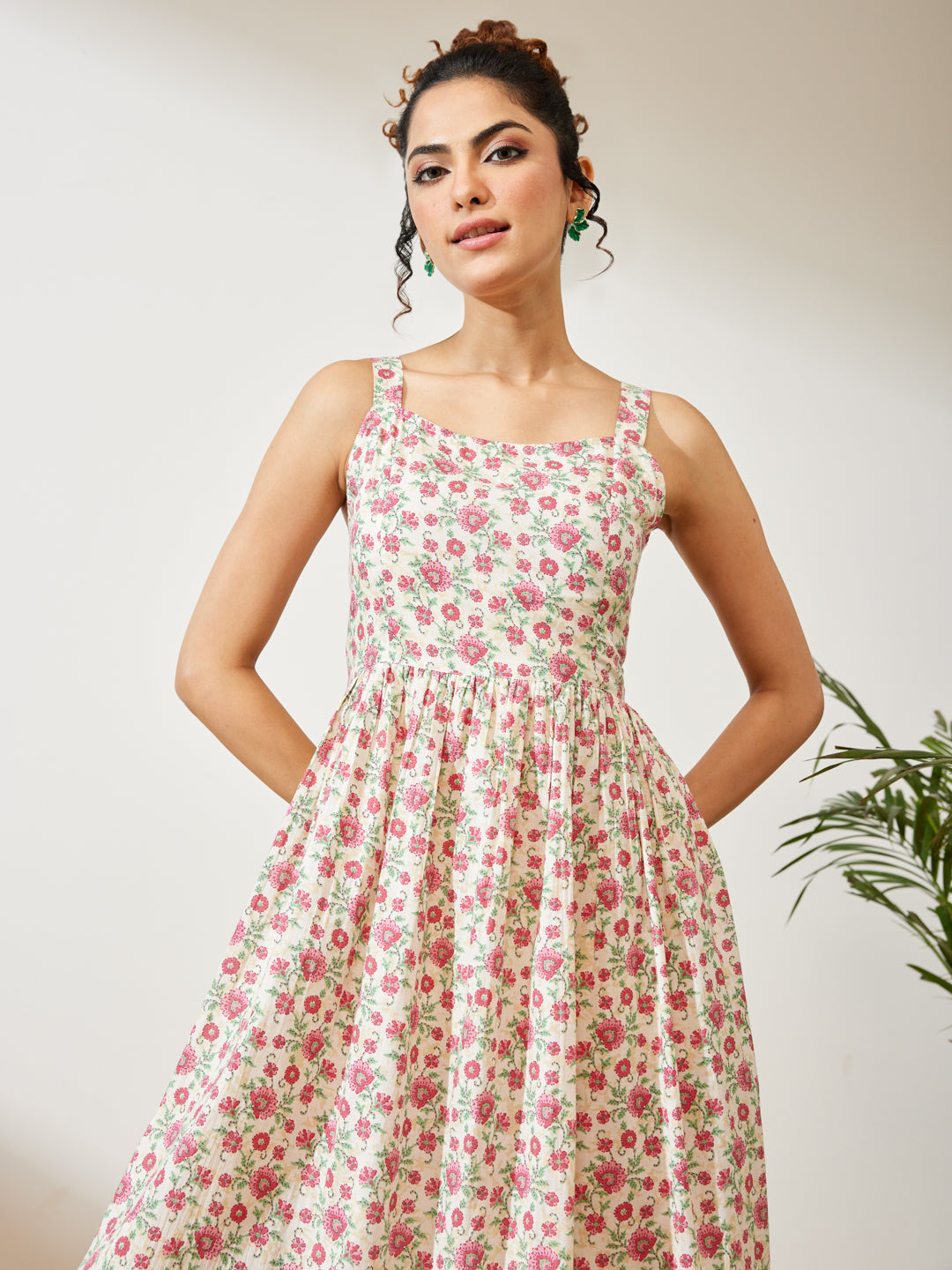 Janasya Women's Off White Pure Cotton Floral Printed A-line Dress