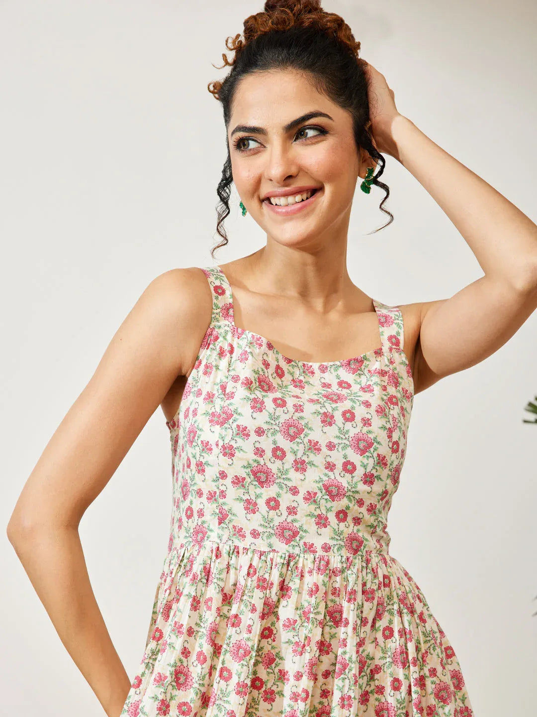 Janasya Women's Off White Pure Cotton Floral Printed A-line Dress