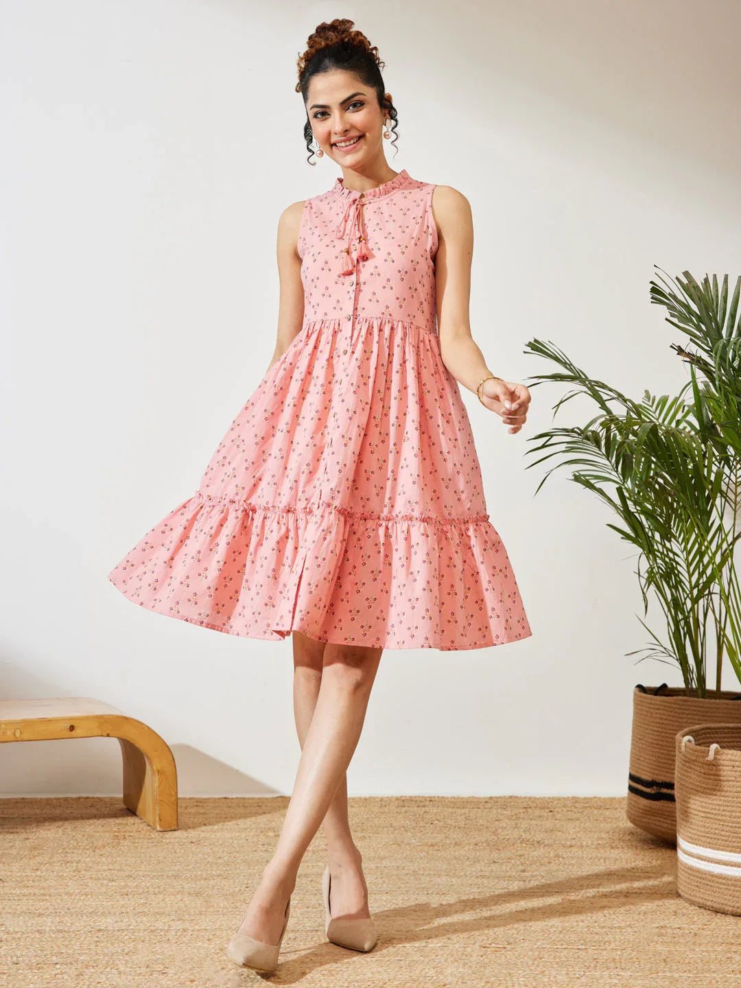 Janasya Women's Peach Cotton Floral Printed Fit & Flare Dress