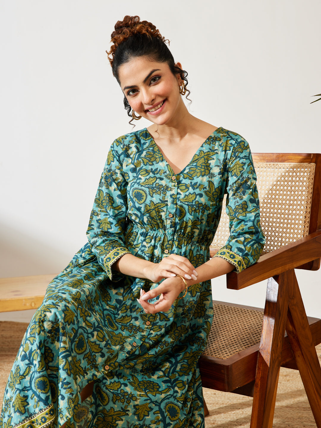 Janasya Women's Teal Blue Pure Cotton Floral Printed A-line Dress