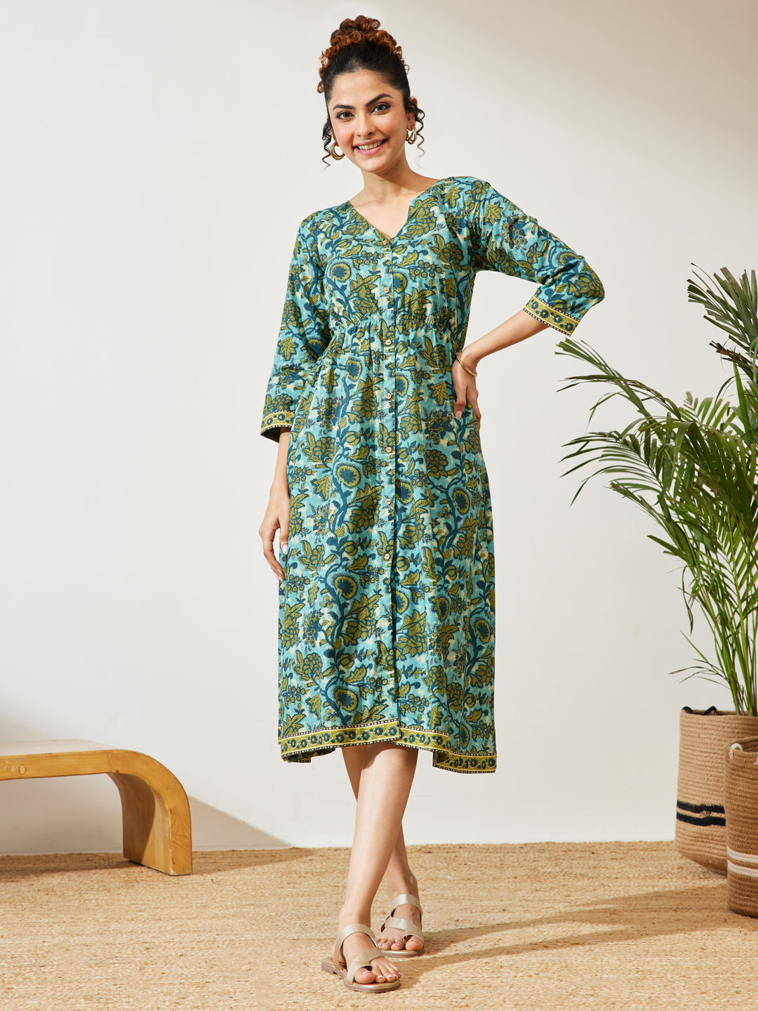 Janasya Women's Teal Blue Pure Cotton Floral Printed A-line Dress
