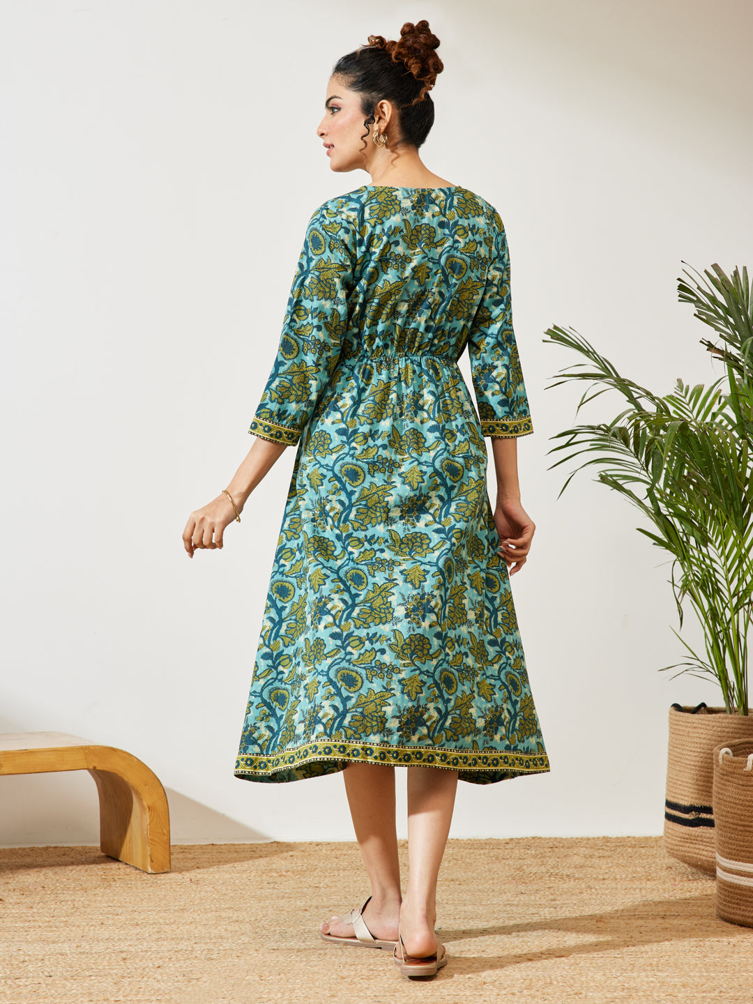Janasya Women's Teal Blue Pure Cotton Floral Printed A-line Dress