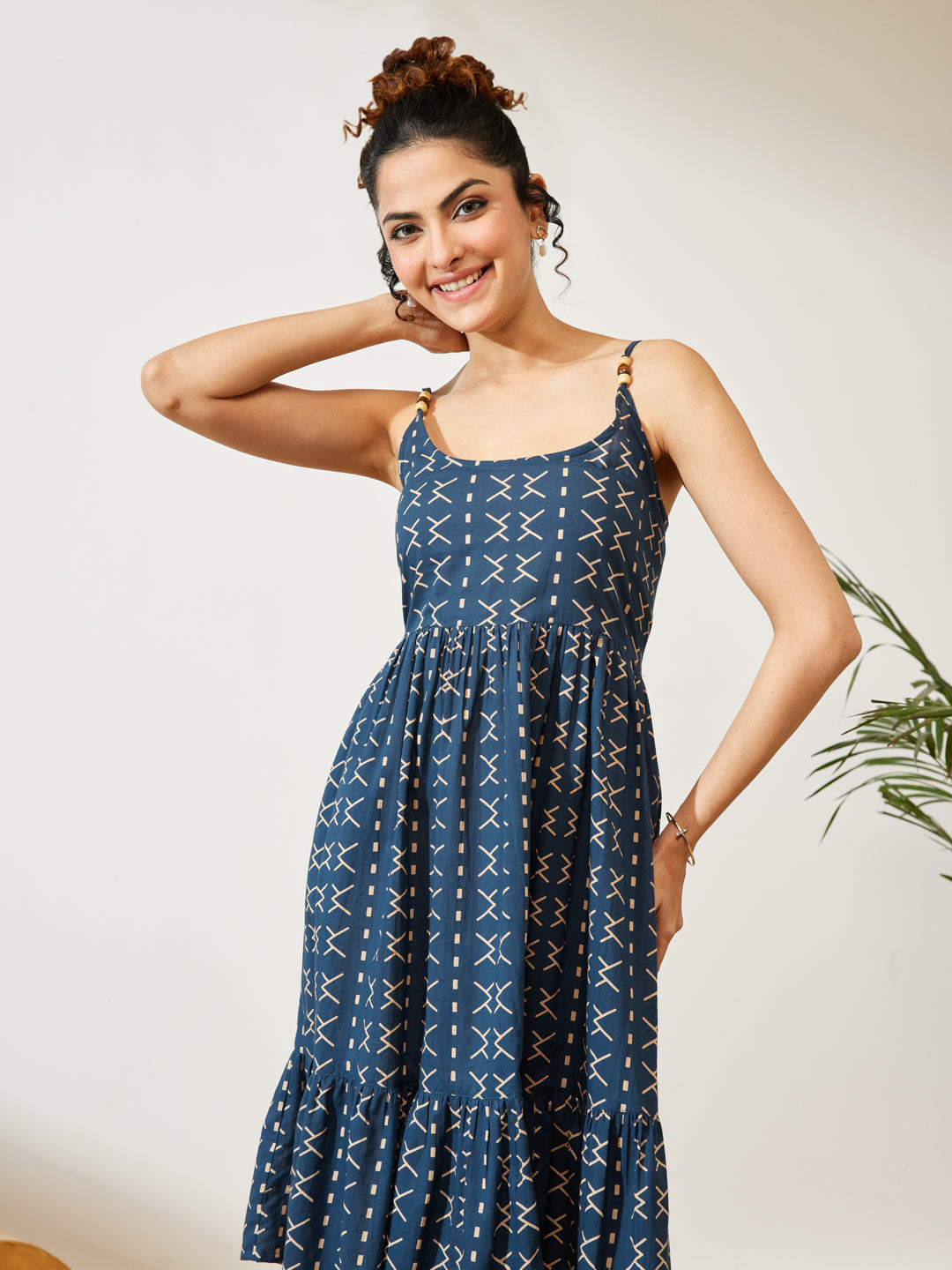 Janasya Women's Navy Blue Pure Cotton Abstract Printed A-line Dress