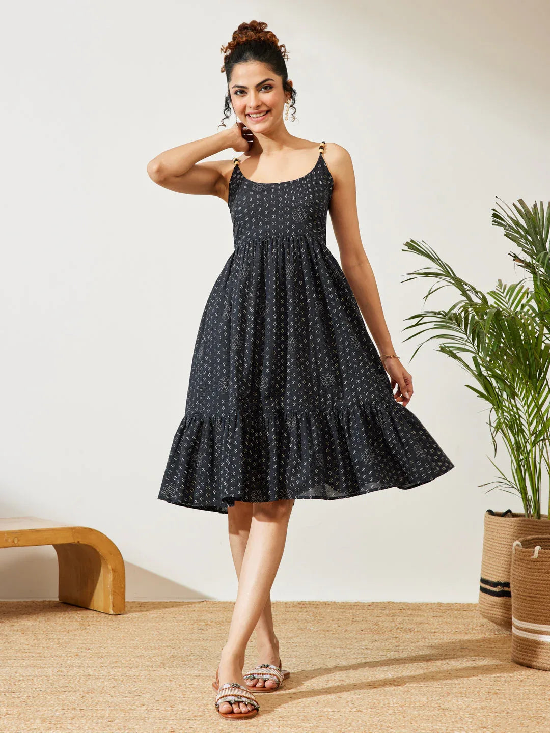 Janasya Women's Navy Blue Pure Cotton Ethnic Motifs Printed A-line Dress