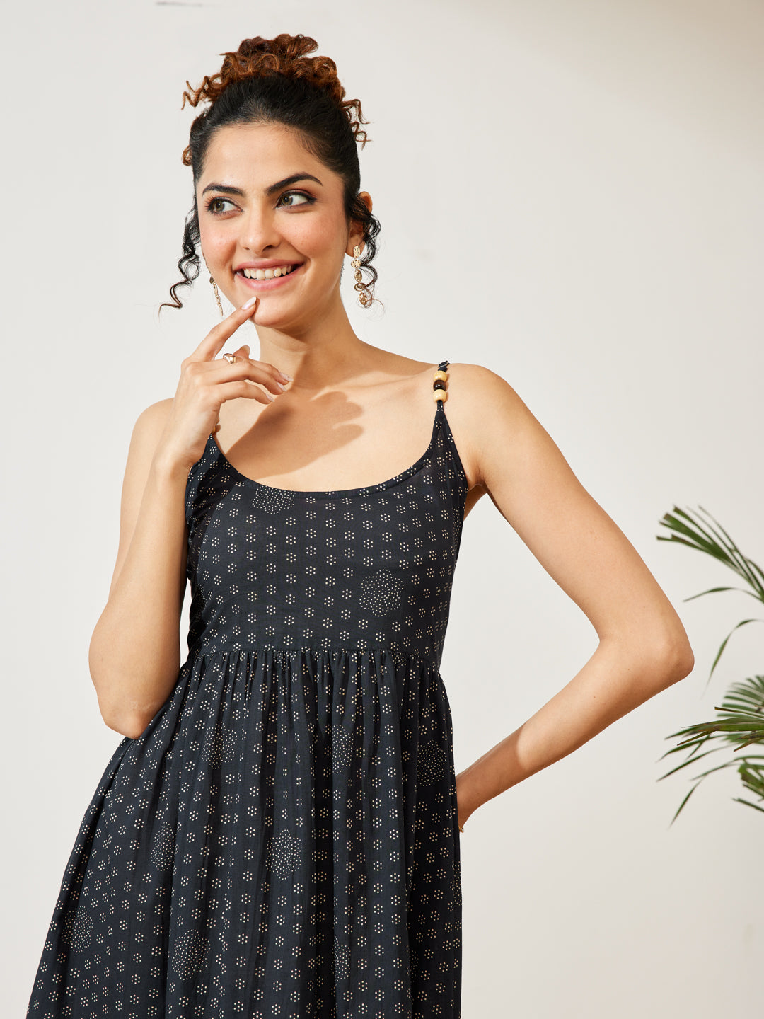 Janasya Women's Navy Blue Pure Cotton Ethnic Motifs Printed A-line Dress