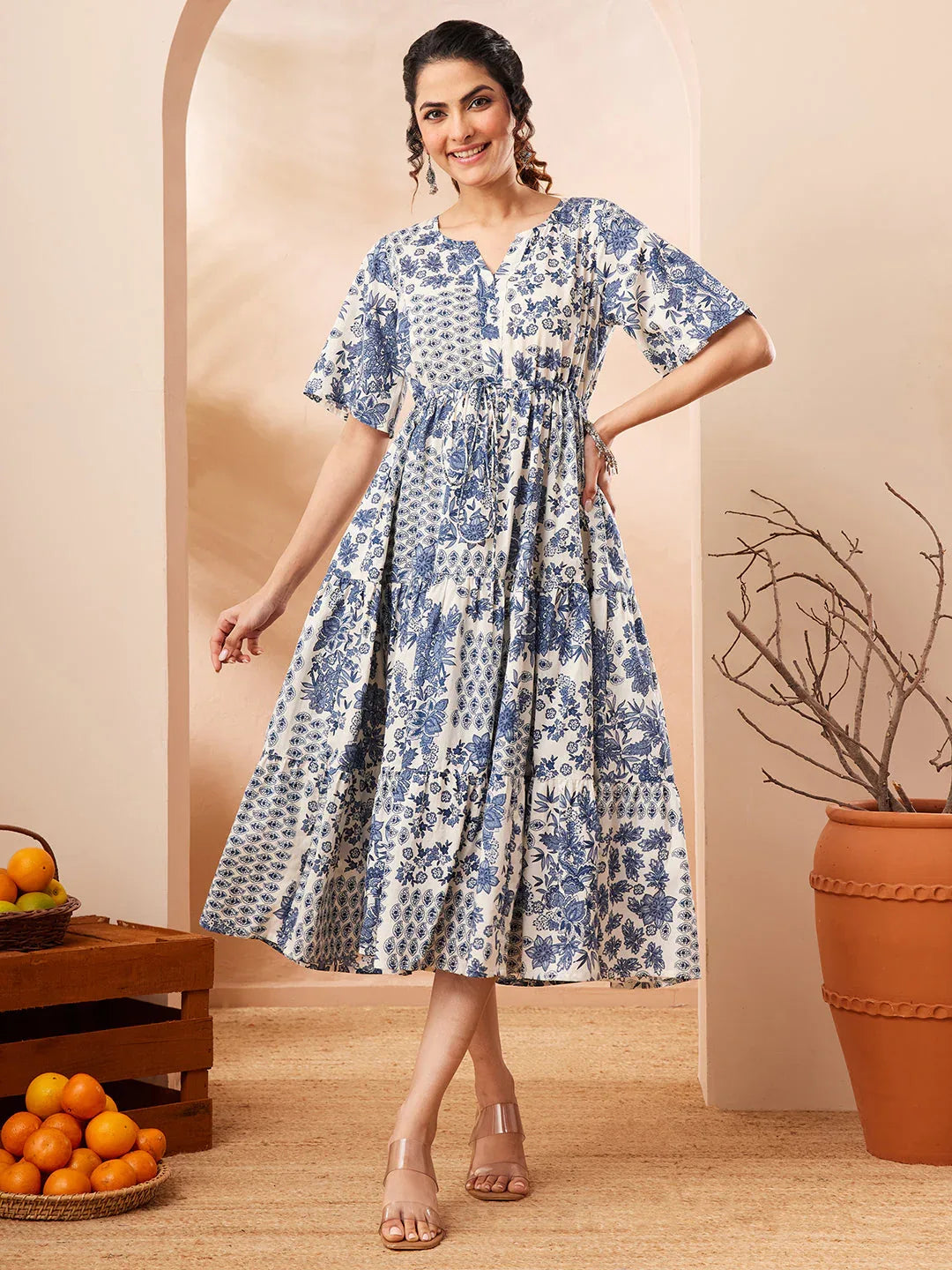 Janasya Women's Blue Pure Cotton Floral Printed Fit & Flare Dress