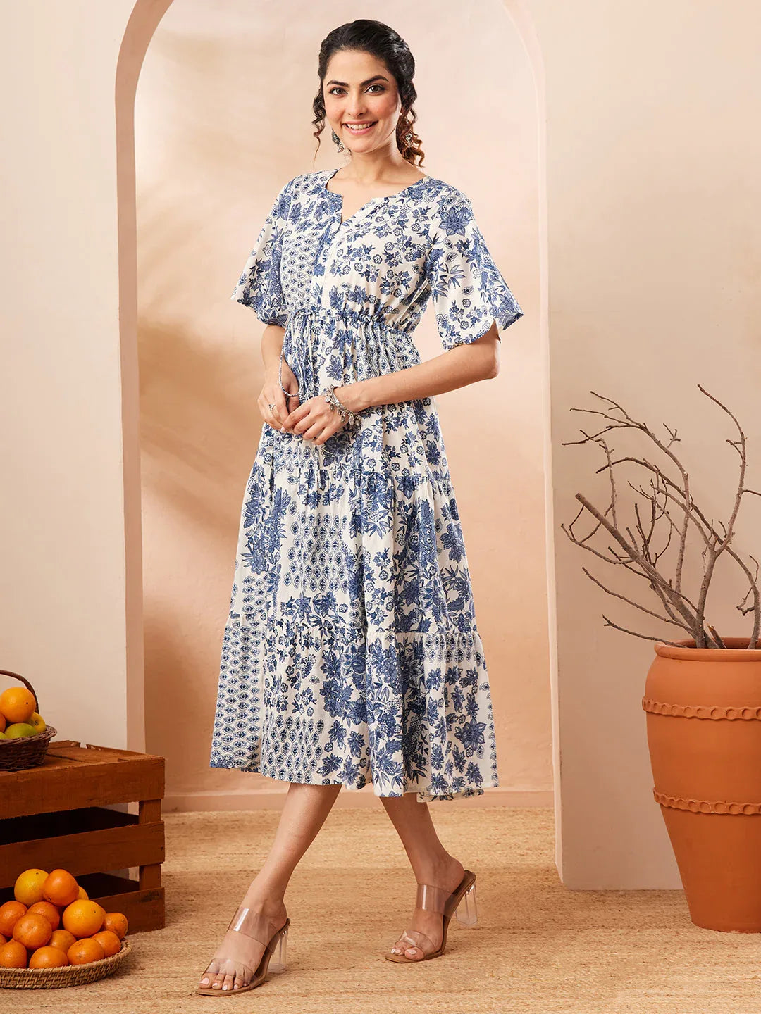 Janasya Women's Blue Pure Cotton Floral Printed Fit & Flare Dress