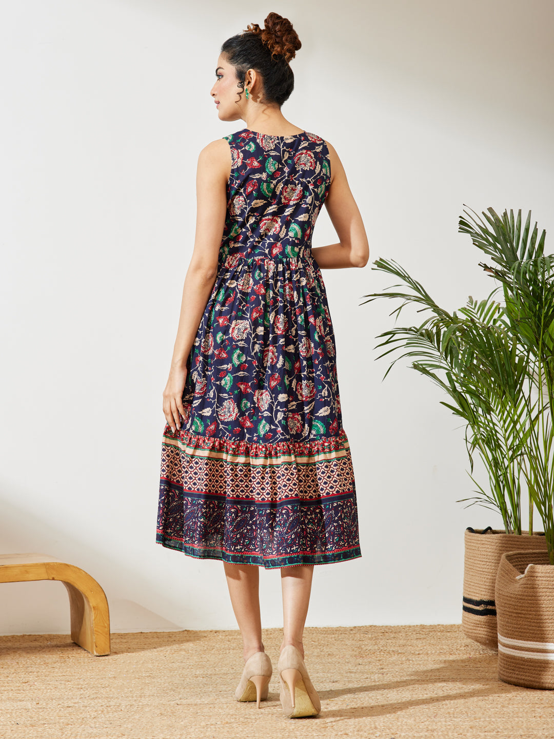 Janasya Women's Navy Blue Pure Cotton Floral Prinrted Gathered Dress