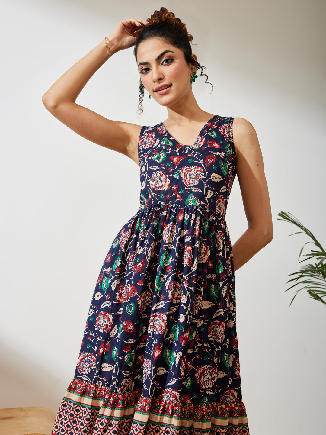 Janasya Women's Navy Blue Pure Cotton Floral Prinrted Gathered Dress