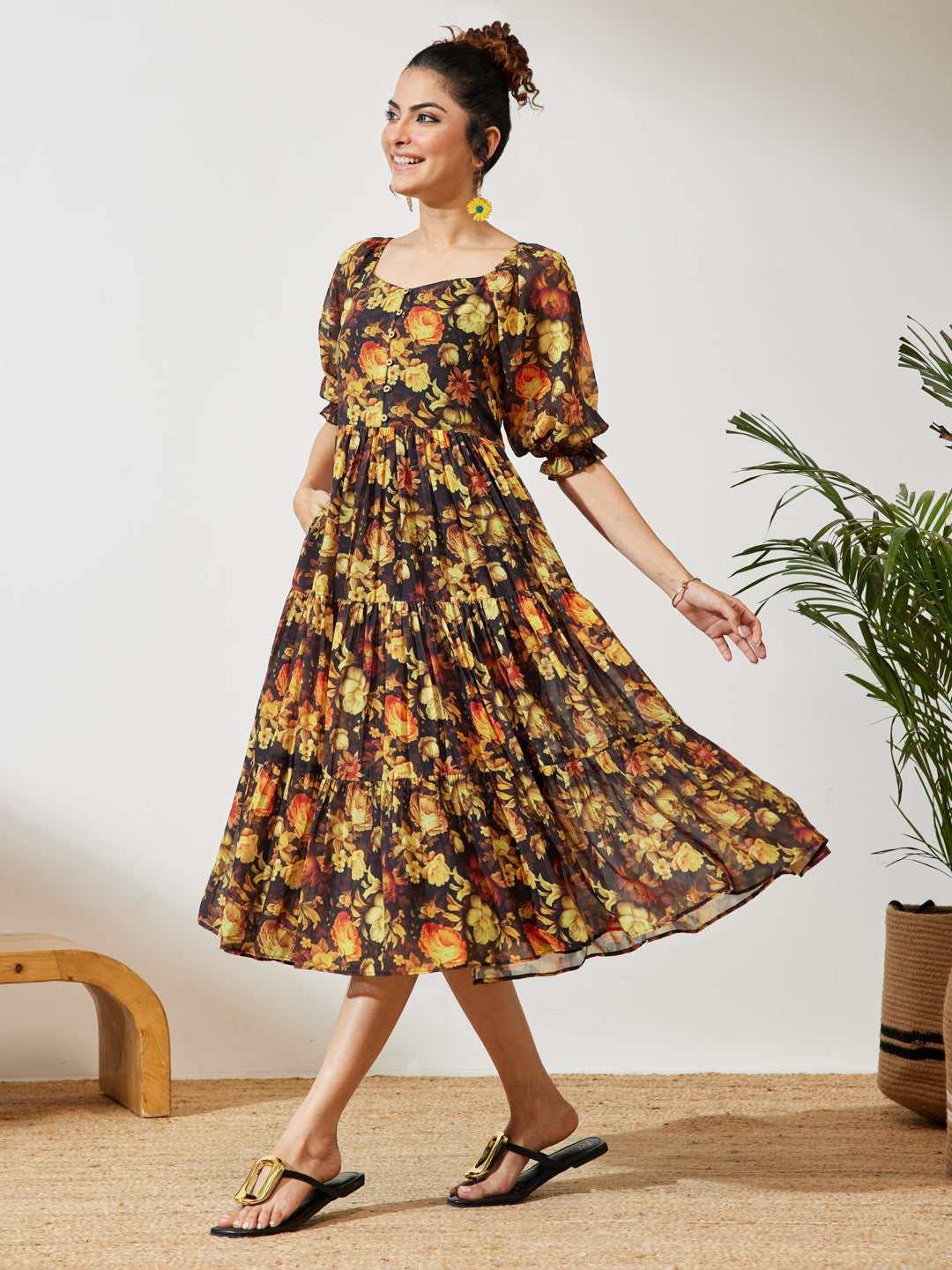 Janasya Women's Black Georgette Floral Printed Tiered Dress