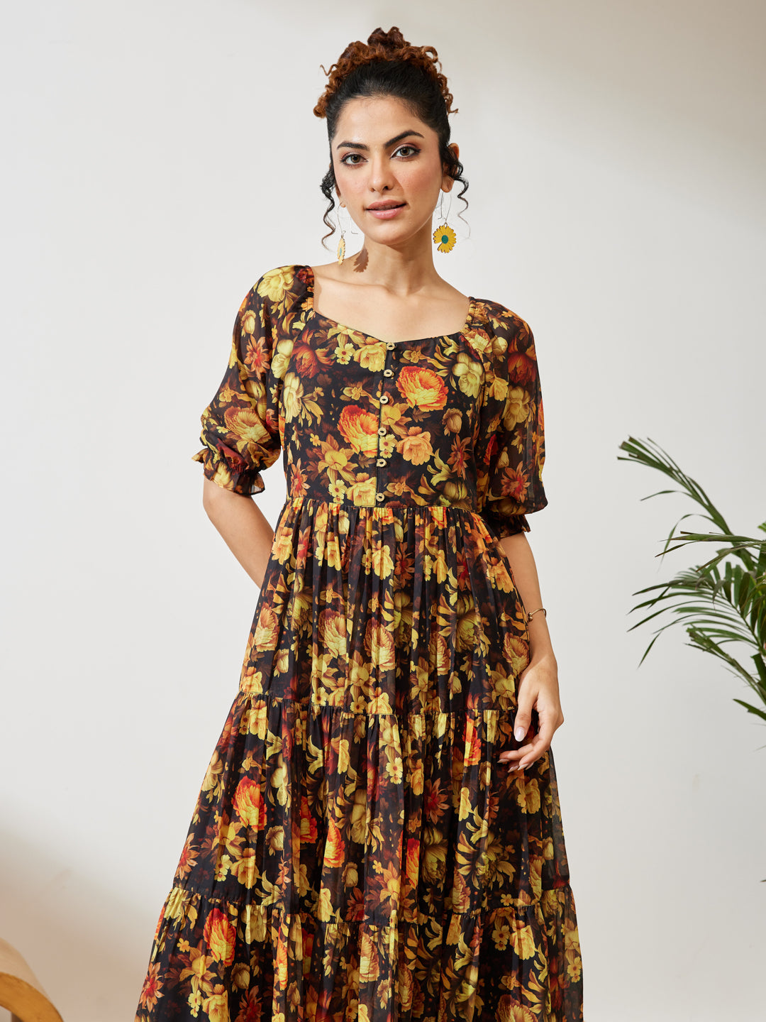 Janasya Women's Black Georgette Floral Printed Tiered Dress
