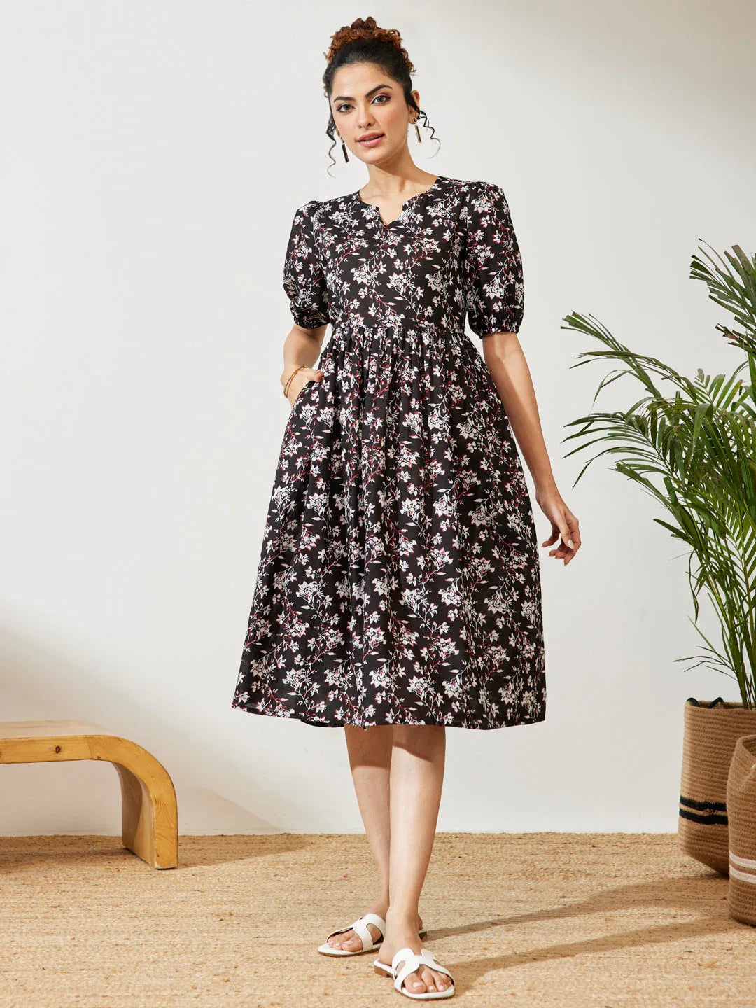 Janasya Women's Black Pure Cotton Floral Printed Gathered Dress