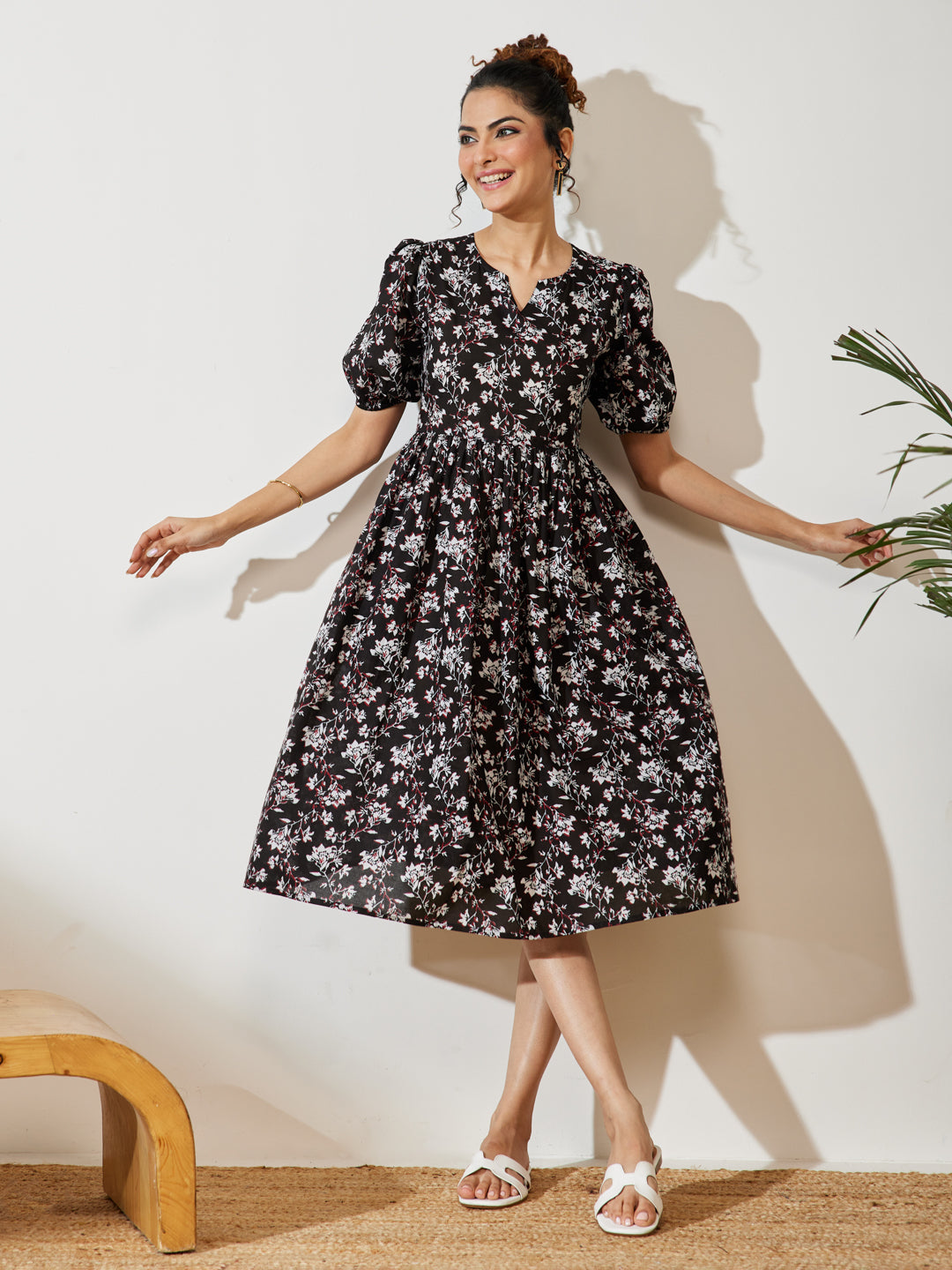 Janasya Women's Black Pure Cotton Floral Printed Gathered Dress