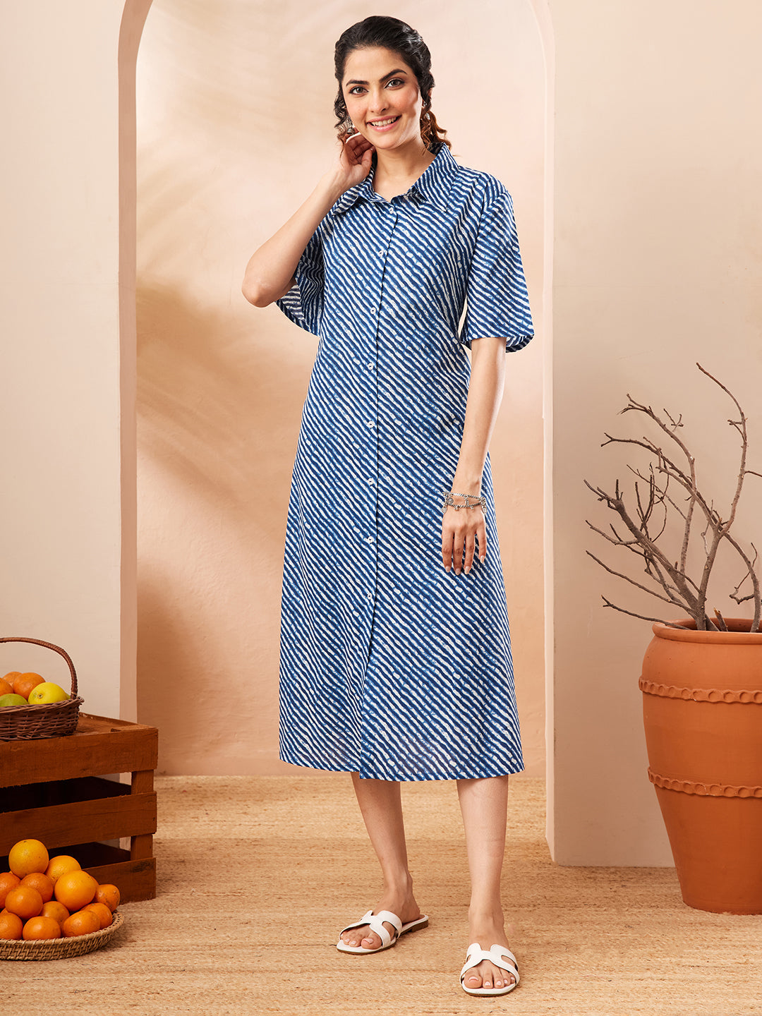 Janasya Women's Blue Pure Cotton Leheriya Printed A-line Dress