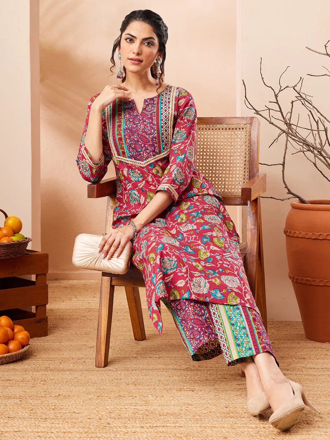Janasya Women's Pink Pure Cotton Floral Printed Straight Kurta Pant Set