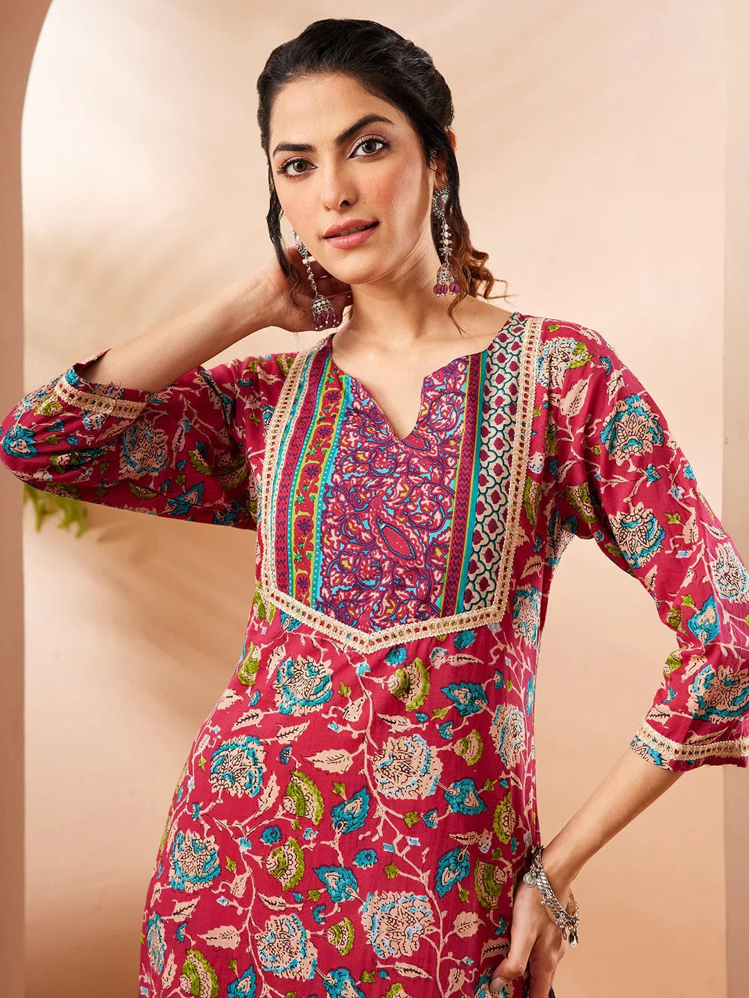 Janasya Women's Pink Pure Cotton Floral Printed Straight Kurta Pant Set