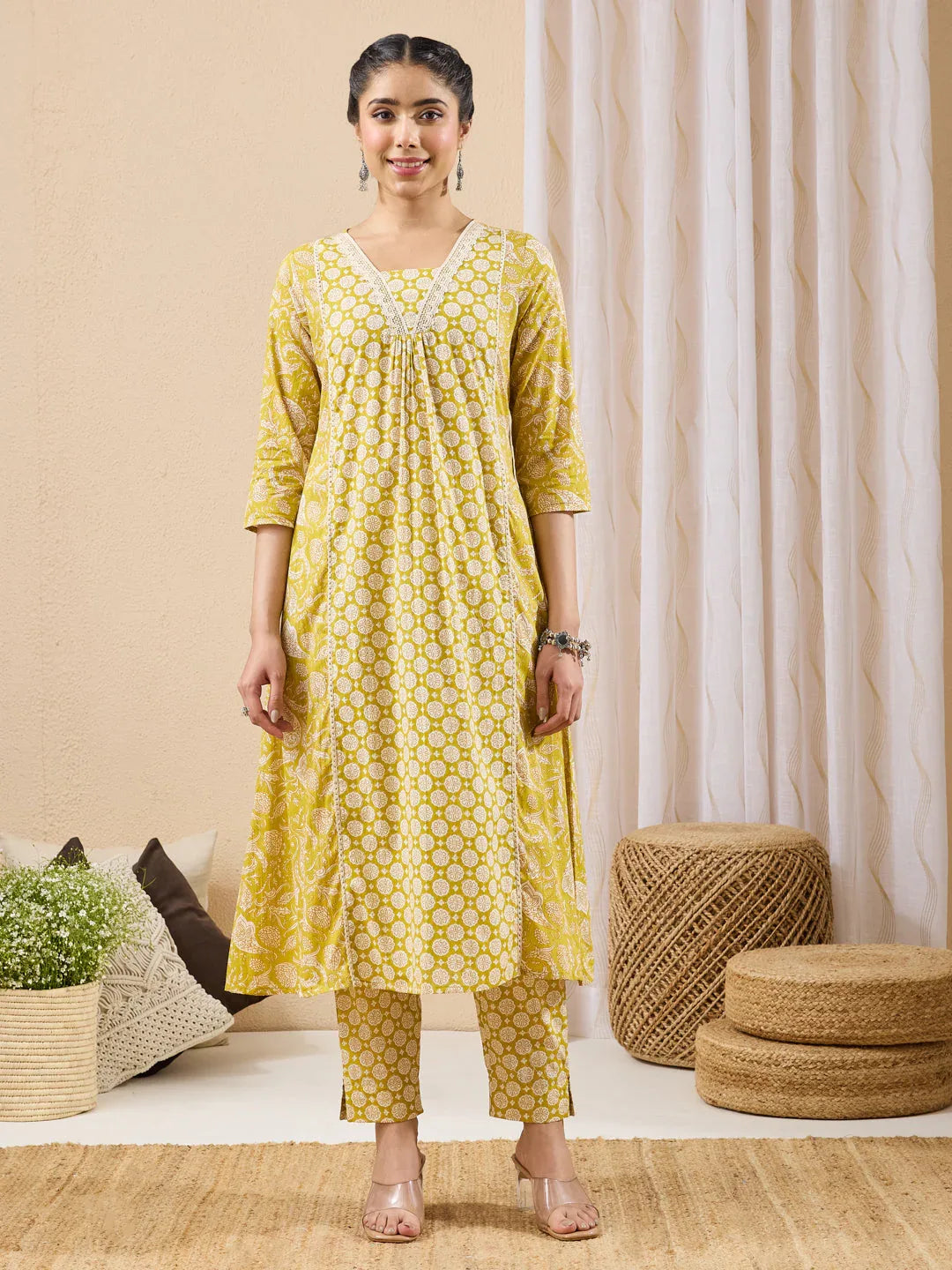 Janasya Women's Lime Yellow Pure Cotton Floral Printed A-line Kurta Pant Set