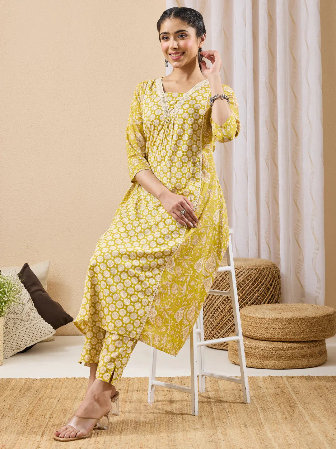 Janasya Women's Lime Yellow Pure Cotton Floral Printed A-line Kurta Pant Set