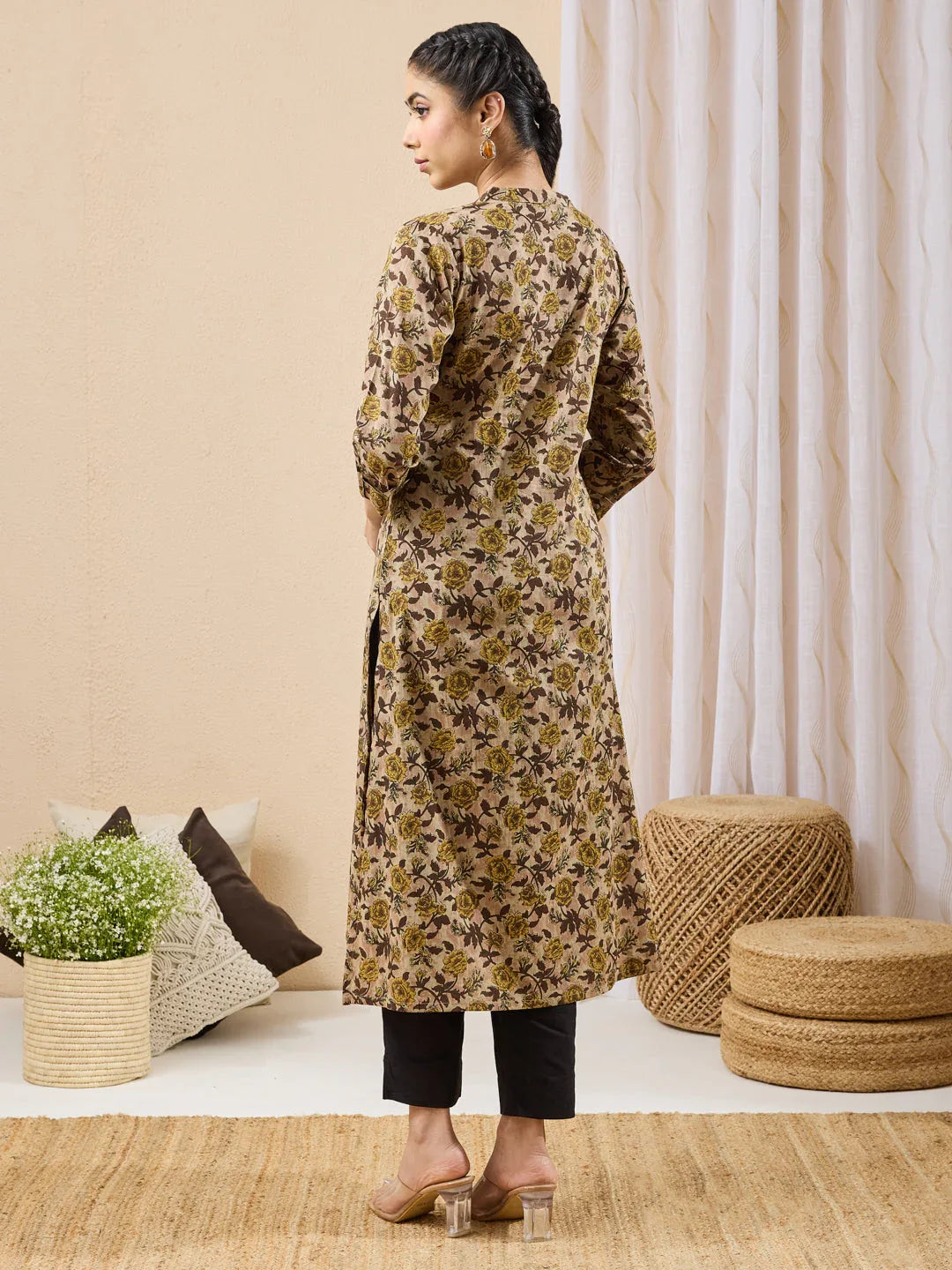 Janasya Women's Brown Pure Cotton Floral Printed Straight Kurta