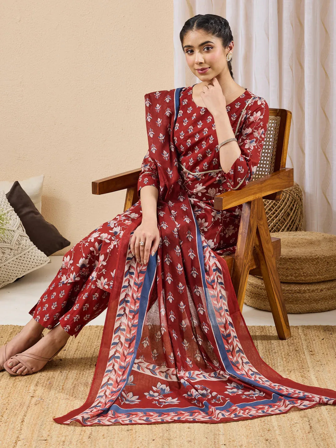 Janasya Women's Maroon Pure Cotton Floral Printed Straight Kurta Set