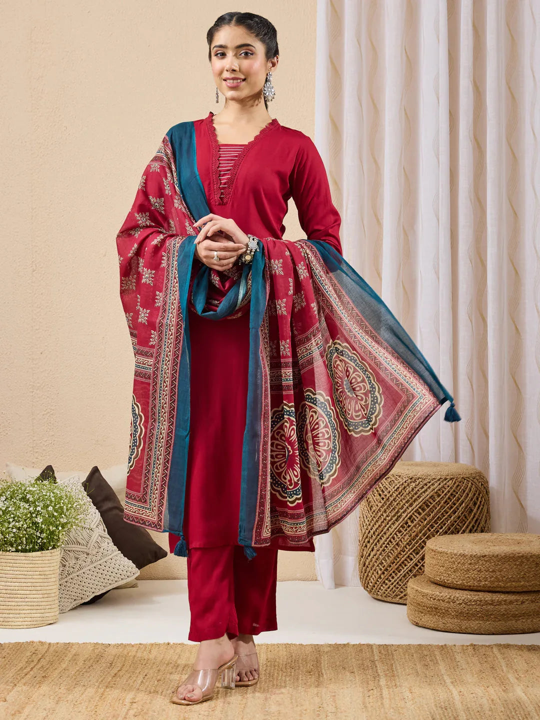 Janasya Women's Maroon Rayon Yoke Design Straight Kurta Set With Printed Dupatta