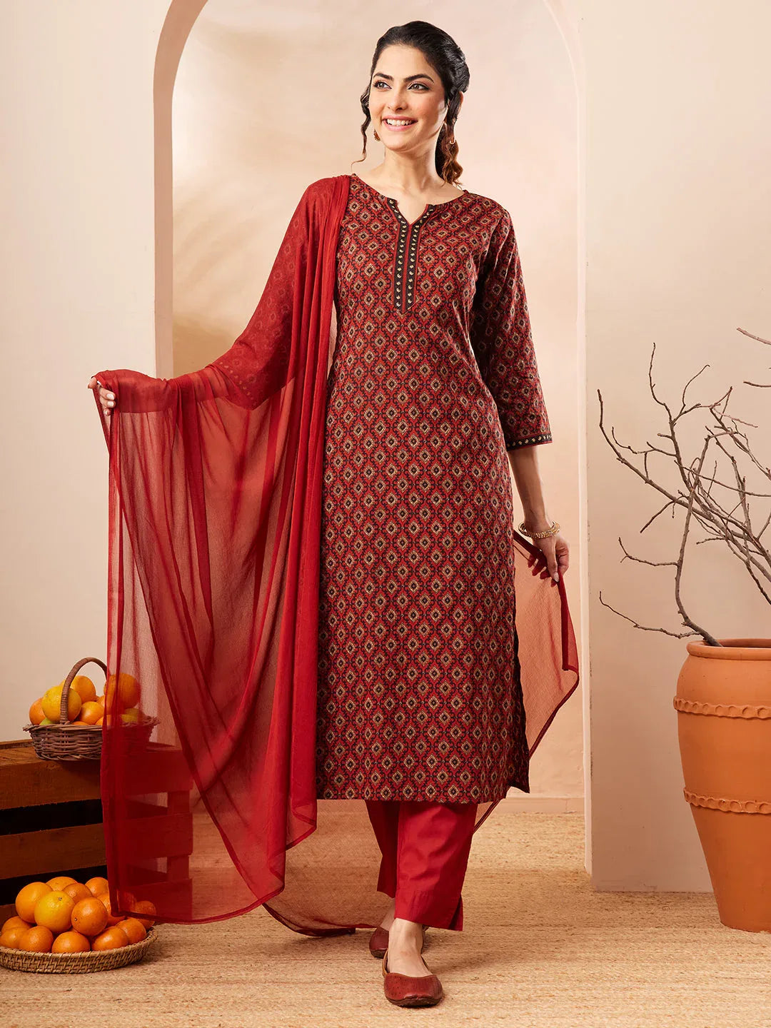 Janasya Women's Rust Pure Cotton Ethnic Motifs Printed Straight Kurta Set