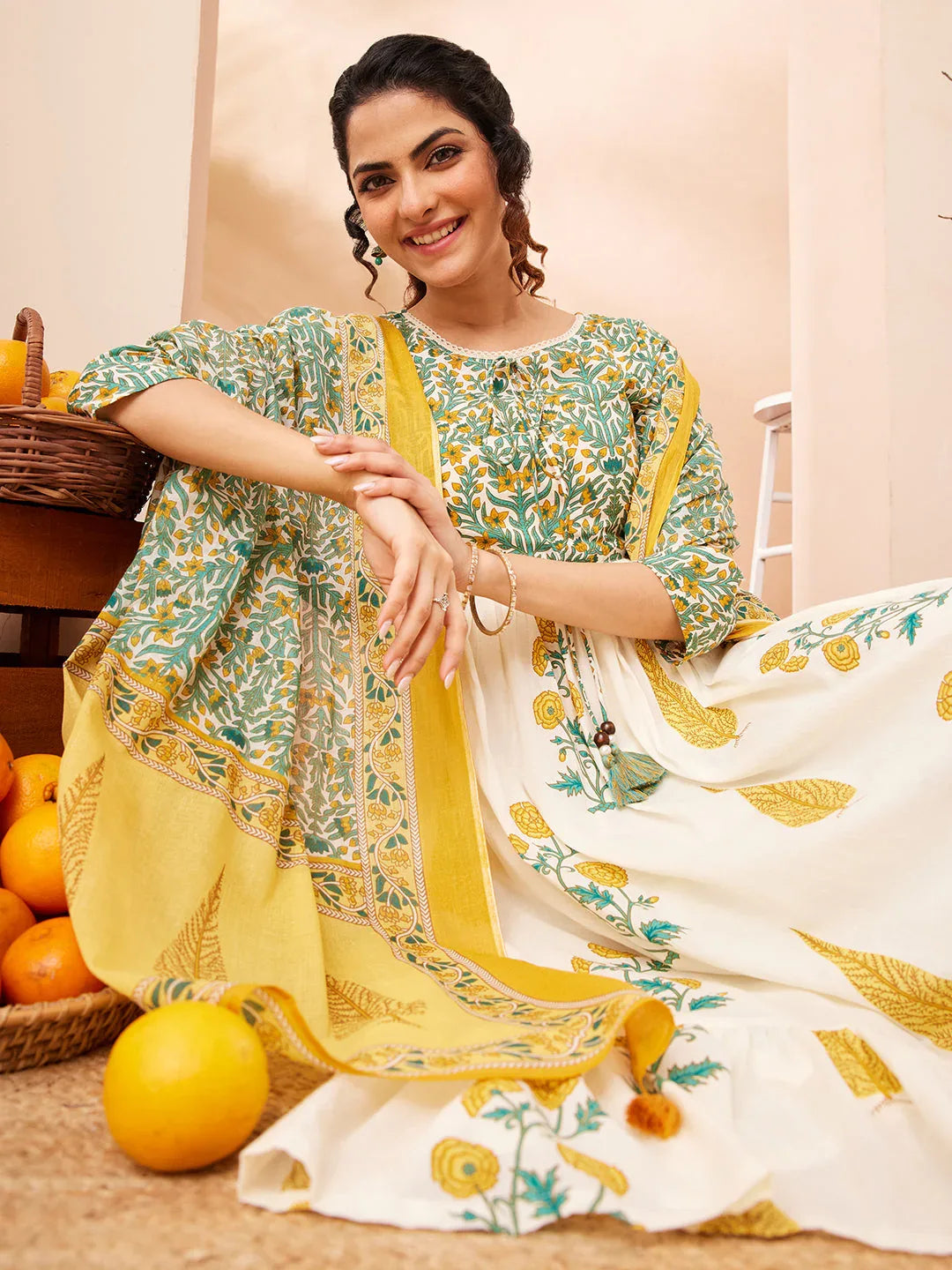 Janasya Women's Off White Pure Cotton Floral Printed Flared A-line Kurta Set