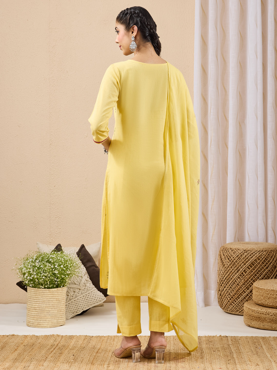 Janasya Women's Yellow Linen Cotton Embroidered Straight Kurta Set