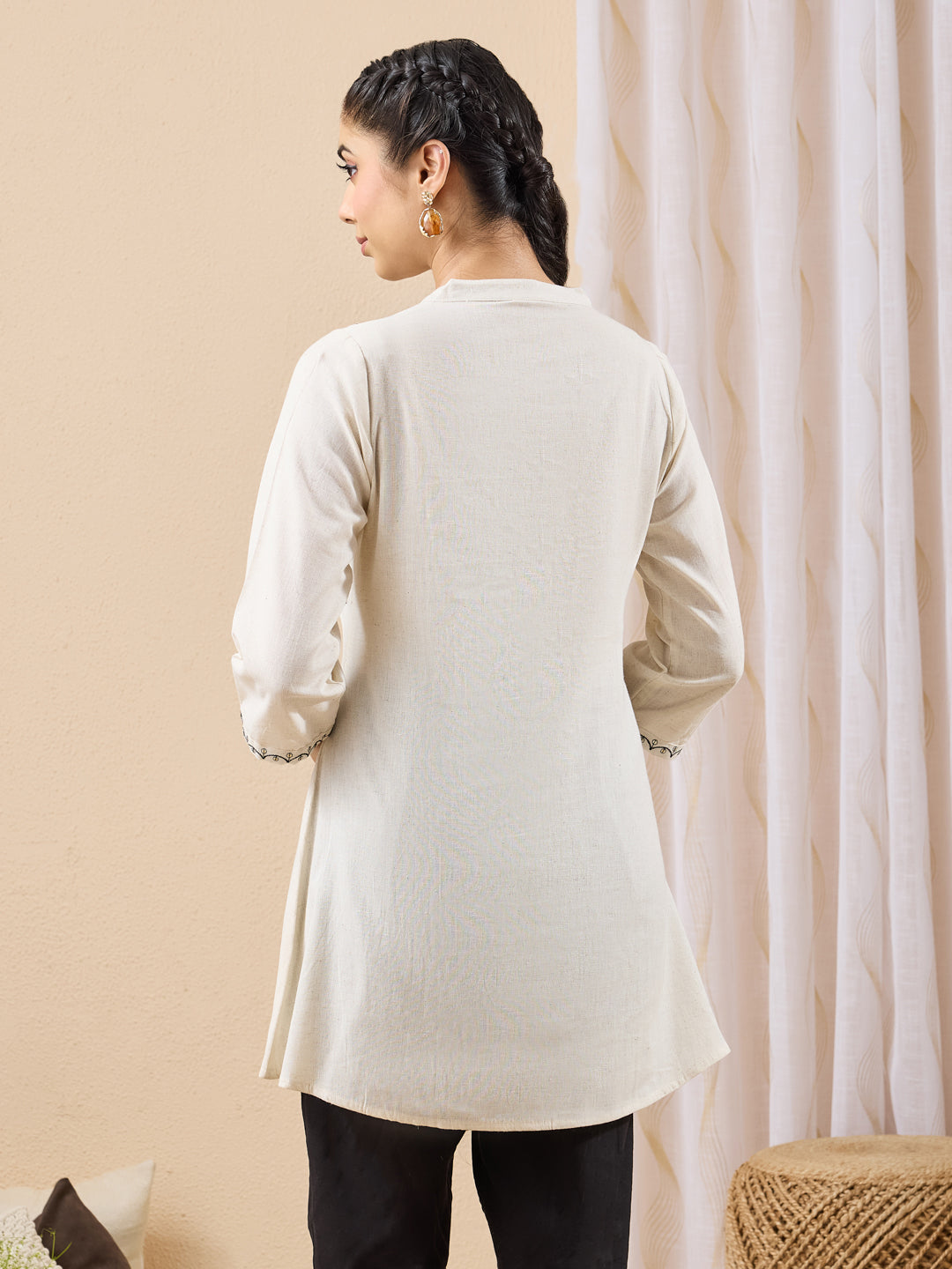 Janasya Women's Cream Linen Cotton Embroidered A-Line Tunic