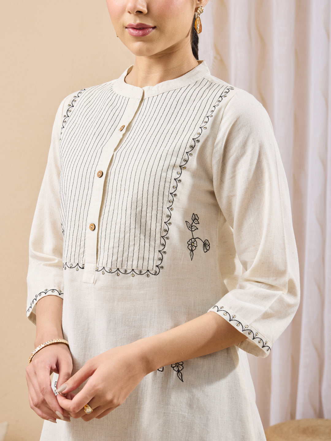 Janasya Women's Cream Linen Cotton Embroidered A-Line Tunic