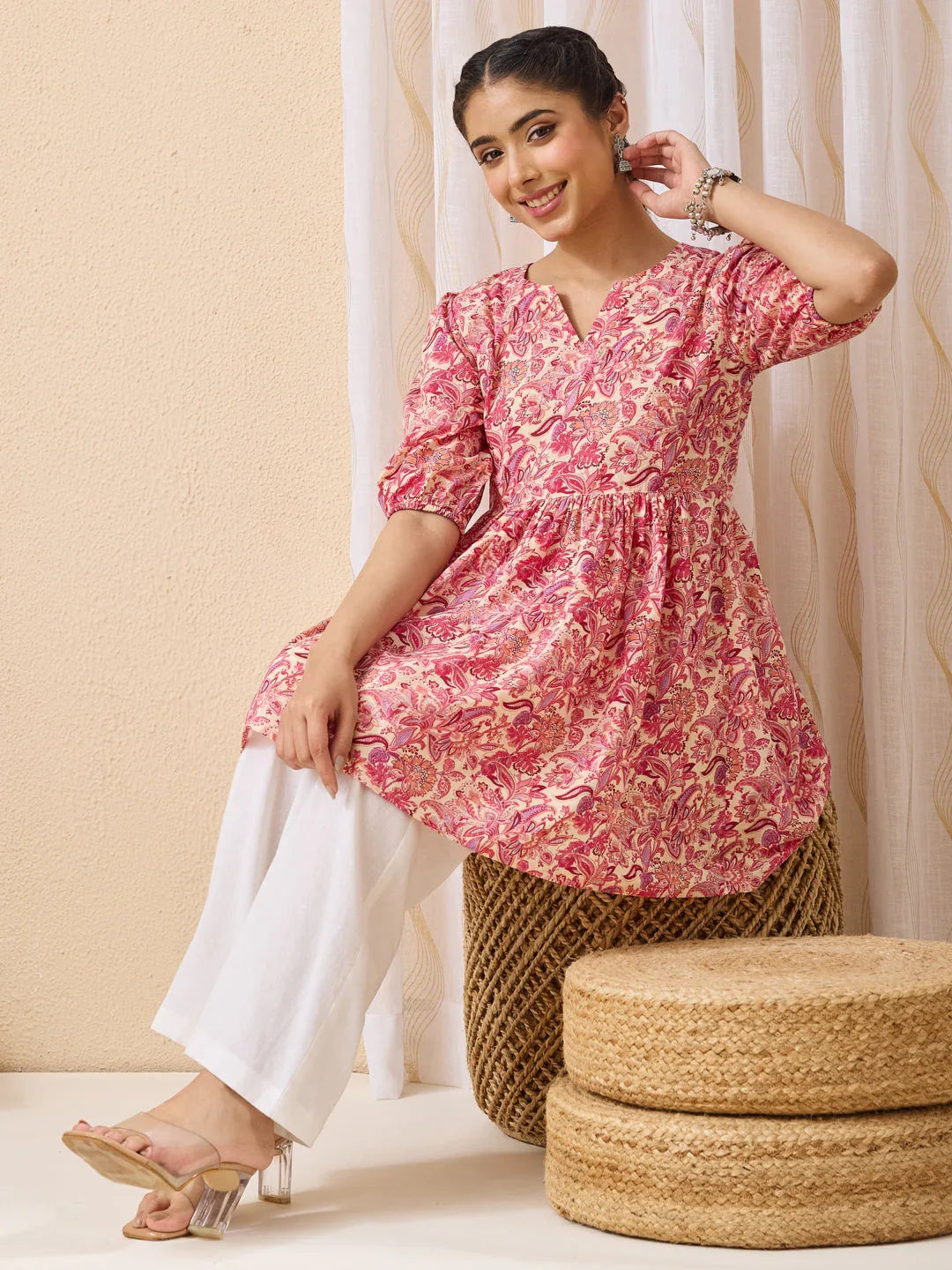 Janasya Women's Pink Pure Cotton Floral Printed A-line Tunic