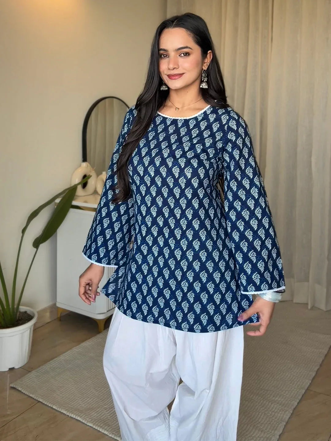 Janasya Women's Indigo Pure Cotton Batik Printed Straight Tunic