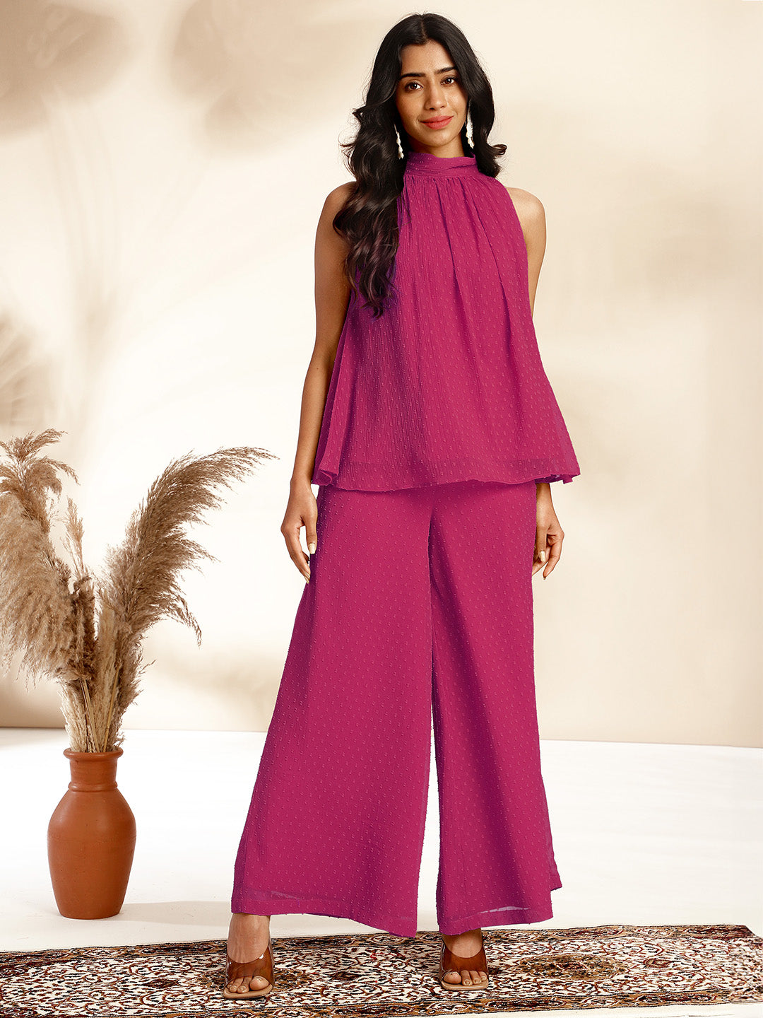 Pink Chiffon Woven Design Gathered Co-Ord Set - qivii