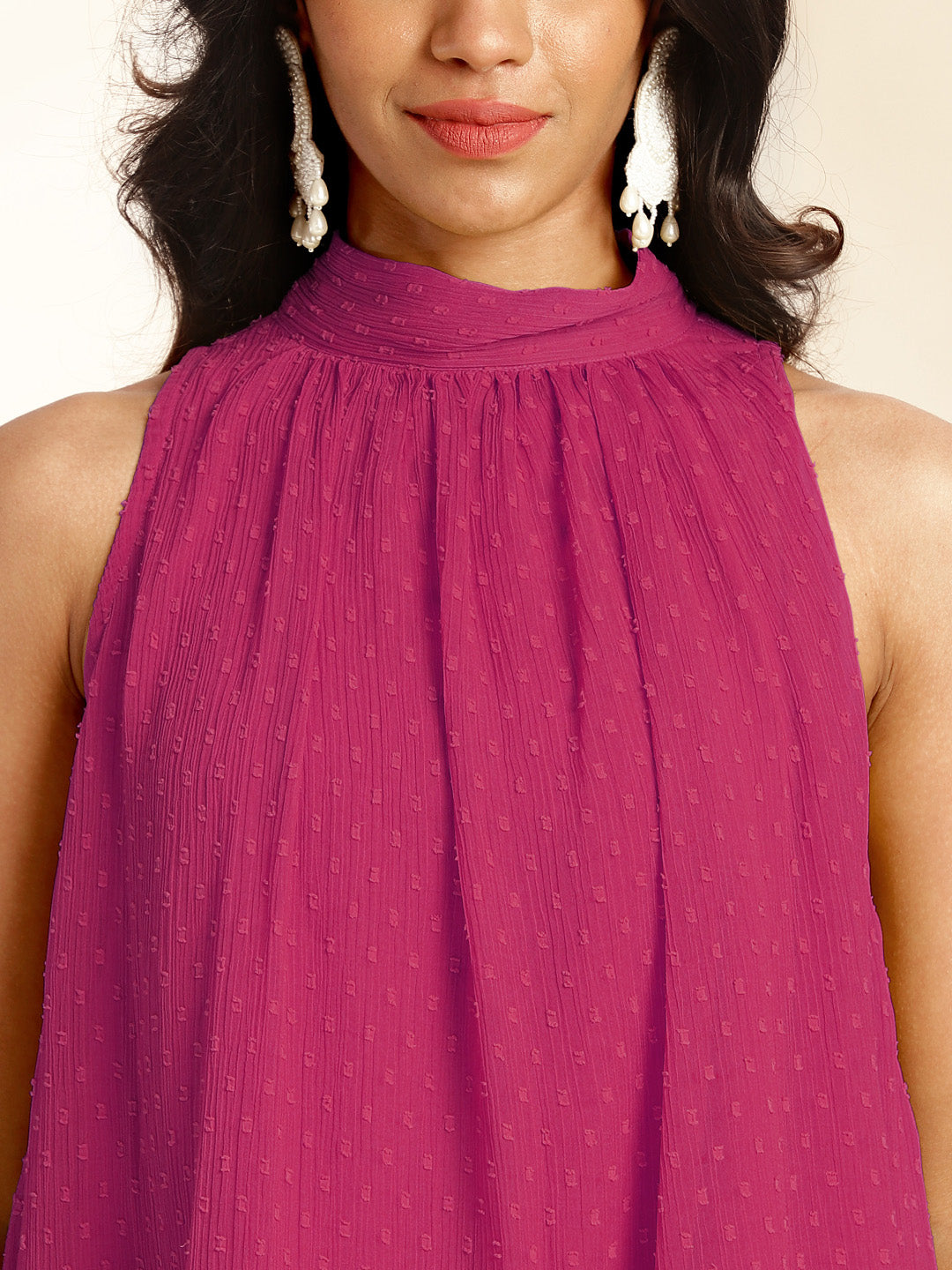 Pink Chiffon Woven Design Gathered Co-Ord Set - qivii