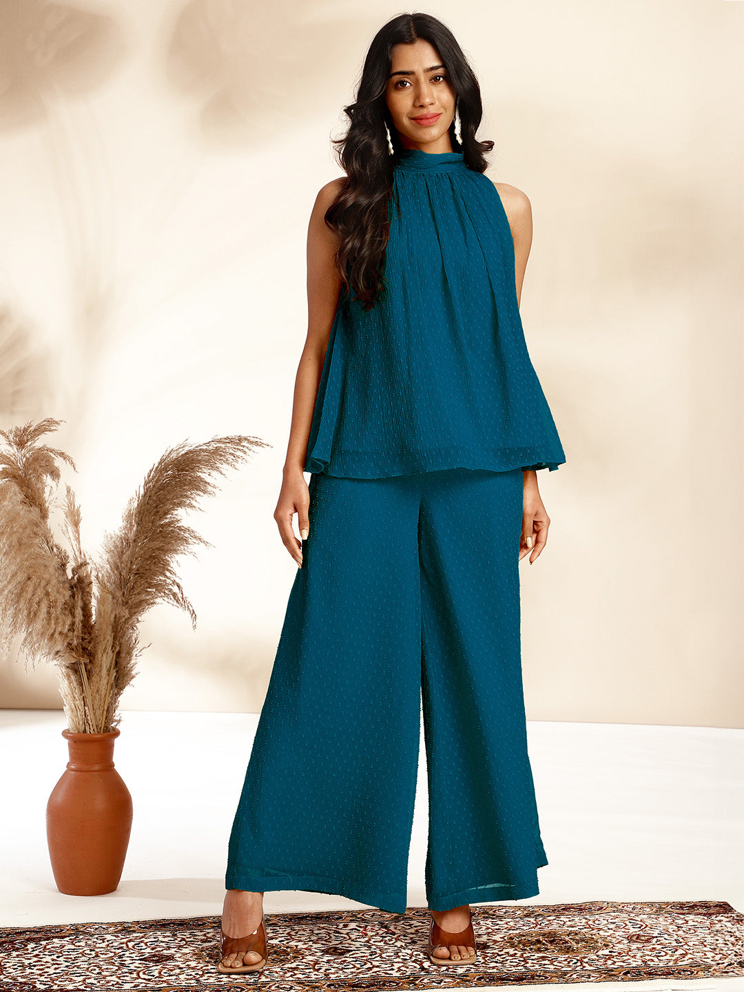 Teal Chiffon Woven Design Gathered Co-Ord Set - qivii
