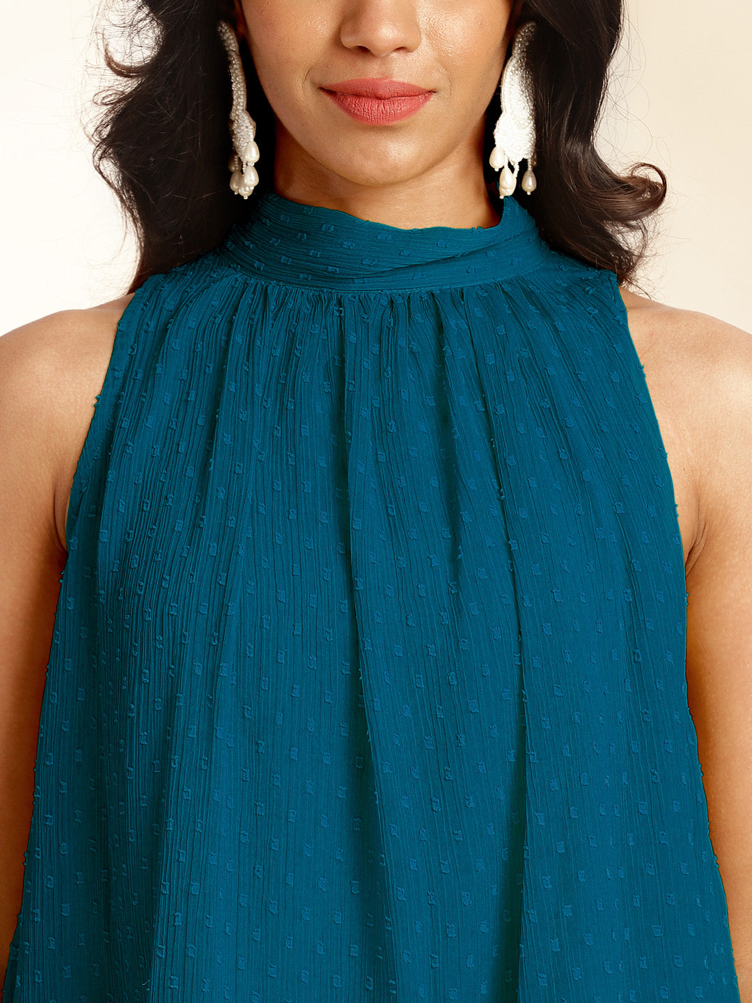 Teal Chiffon Woven Design Gathered Co-Ord Set - qivii