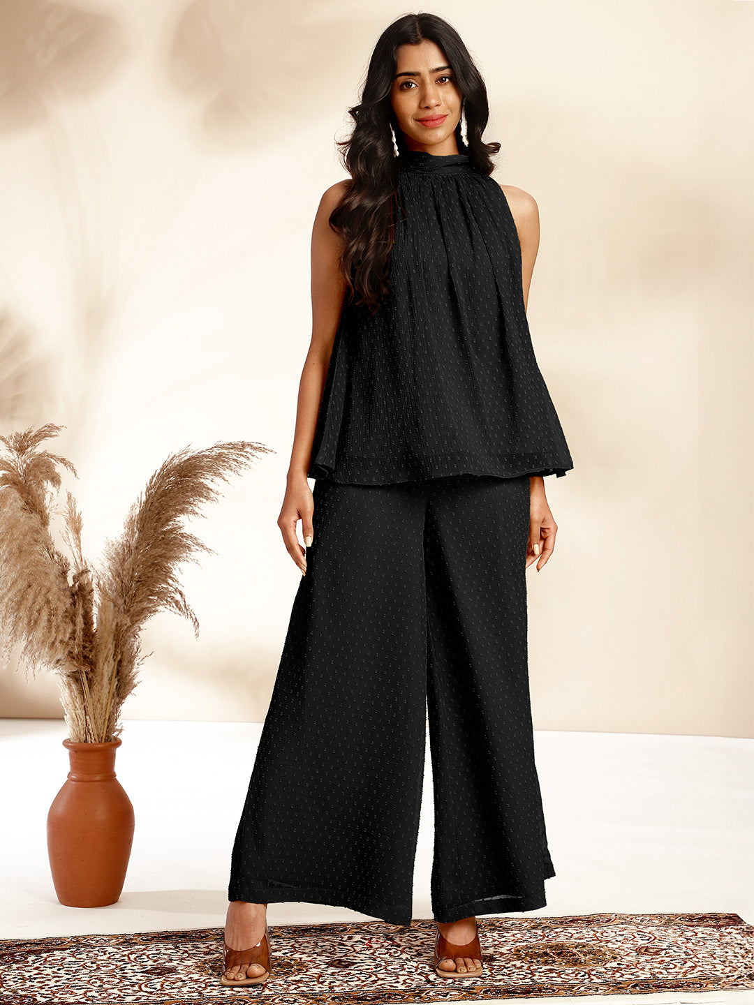 Black Chiffon Woven Design Gathered Co-Ord Set - qivii