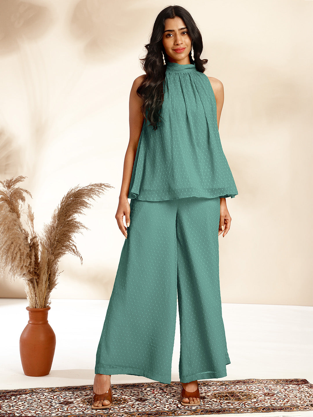 Sage Chiffon Woven Design Gathered Co-Ord Set - qivii